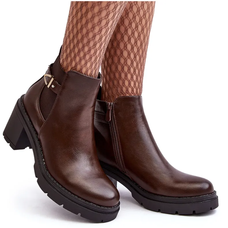 Bottines en cuir pour femmes sur un talon haut massif, marron Belinda brun