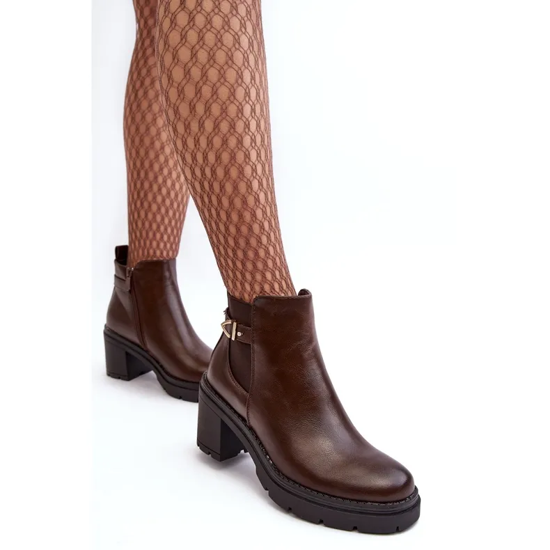 Bottines en cuir pour femmes sur un talon haut massif, marron Belinda brun