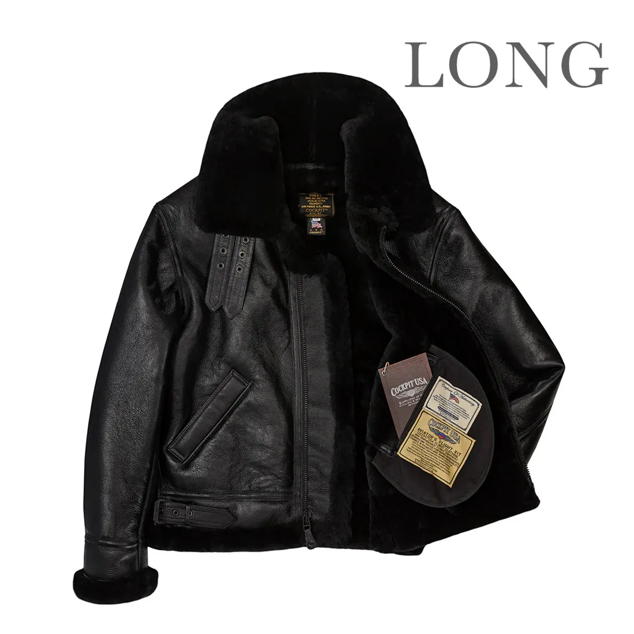 Cockpit USA B-3 Authentic Sheepskin Bomber Jacket Black Long USA Made