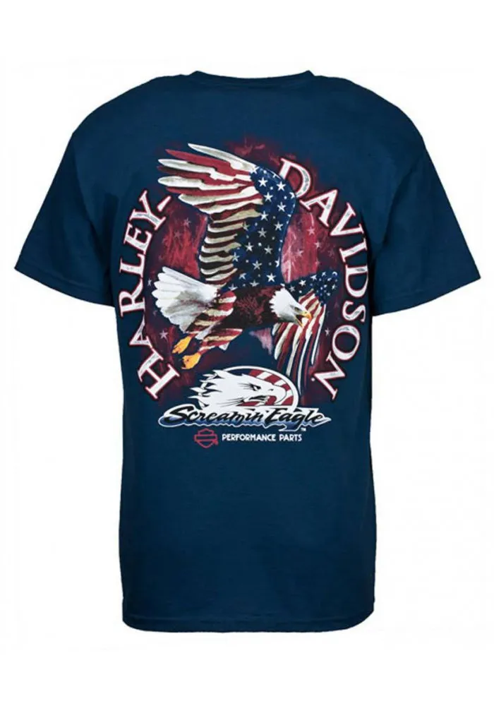 Harley Davidson Homme Eagle Stars and Strips Bleu T-Shirt HARLMT0175