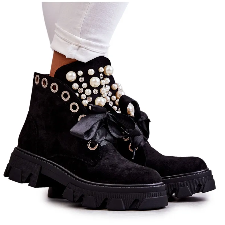 PS1 Bottines Roco Suede Warm Noires Avec Perles le noir