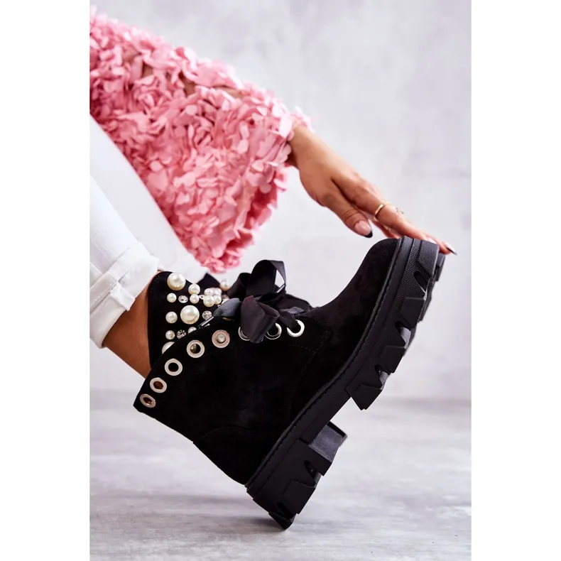 PS1 Bottines Roco Suede Warm Noires Avec Perles le noir