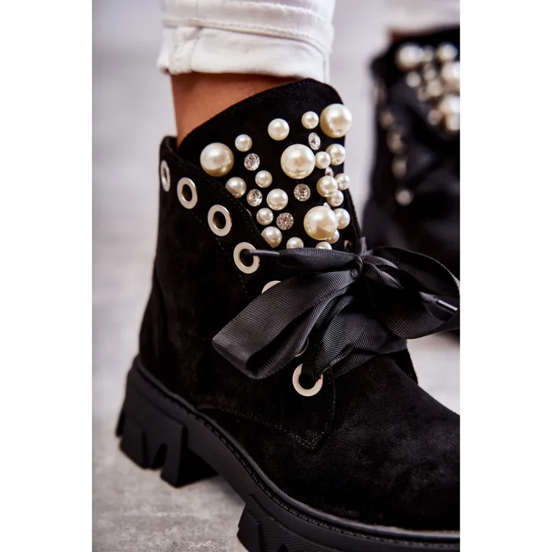 PS1 Bottines Roco Suede Warm Noires Avec Perles le noir