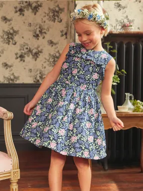 Robe bleu marine imprimée à fleurs dos nu