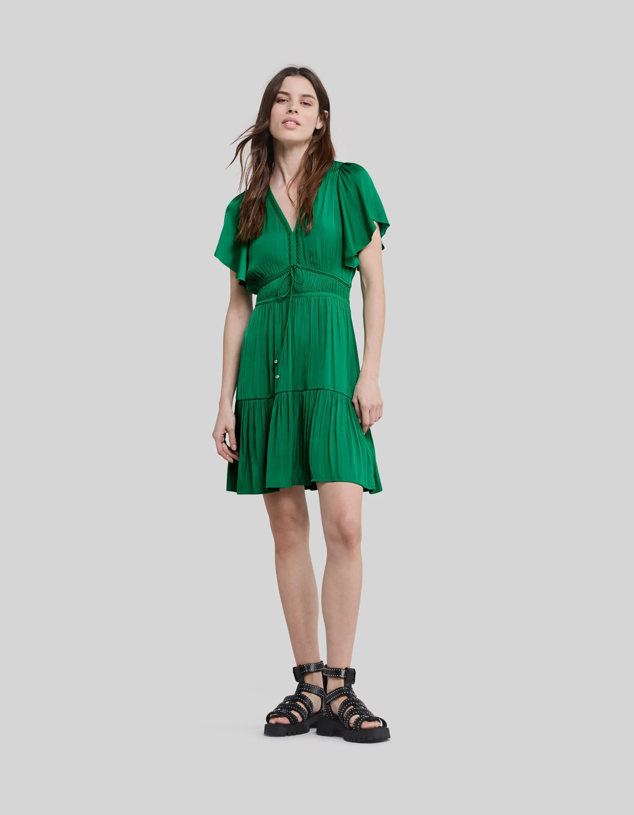 Robe menthe froissée manches papillon Femme