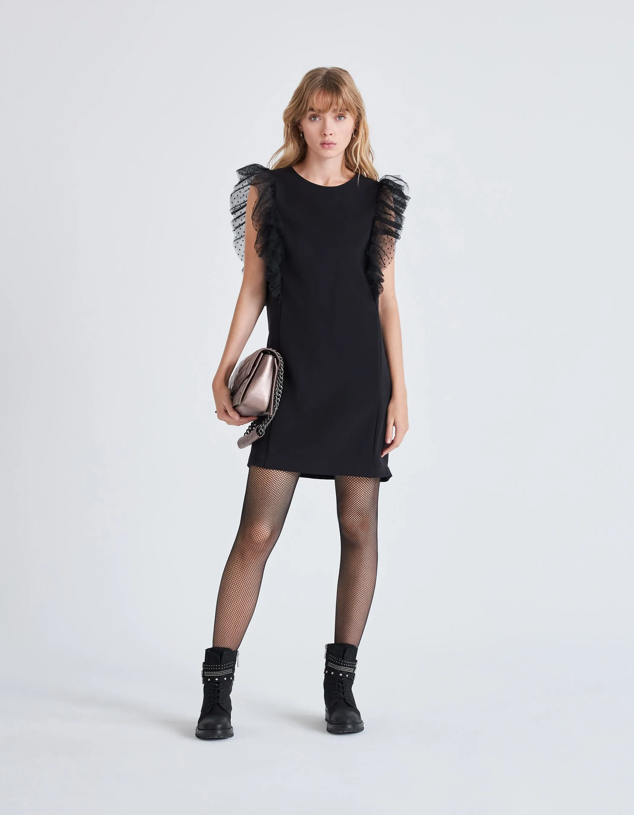 Robe noire volants tulle plumetis Femme